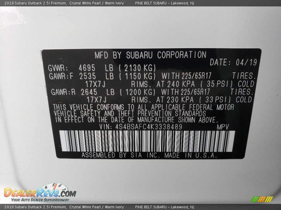 2019 Subaru Outback 2.5i Premium Crystal White Pearl / Warm Ivory Photo #8