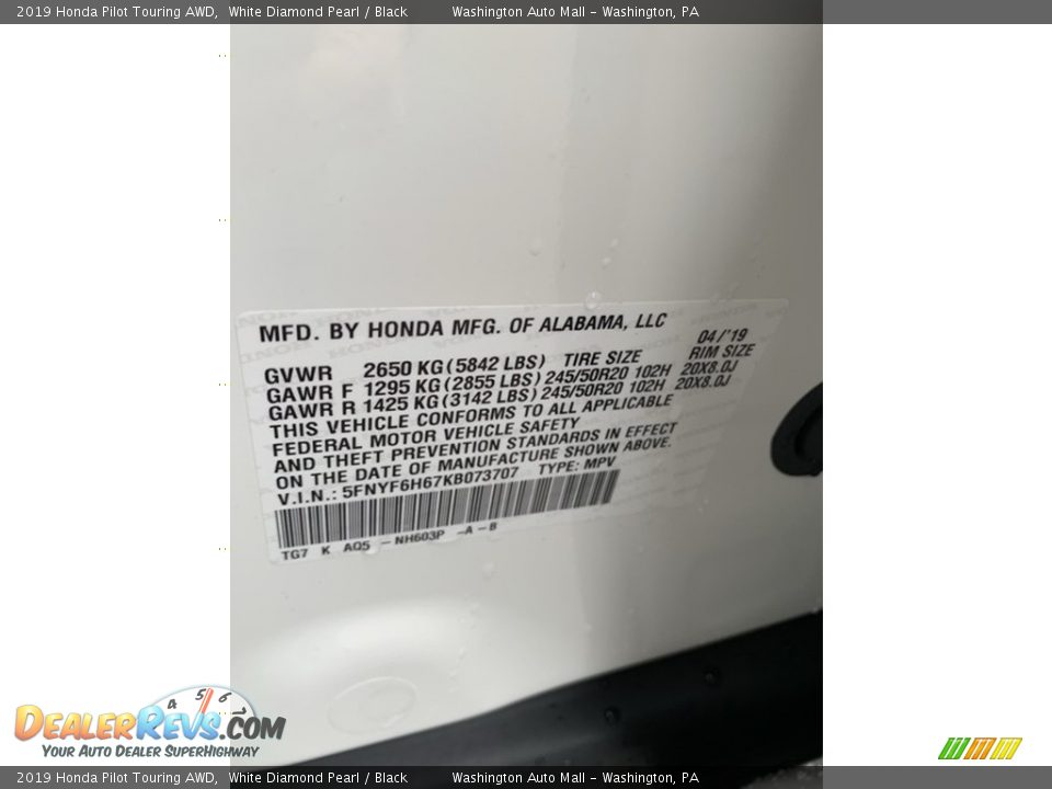 2019 Honda Pilot Touring AWD White Diamond Pearl / Black Photo #14