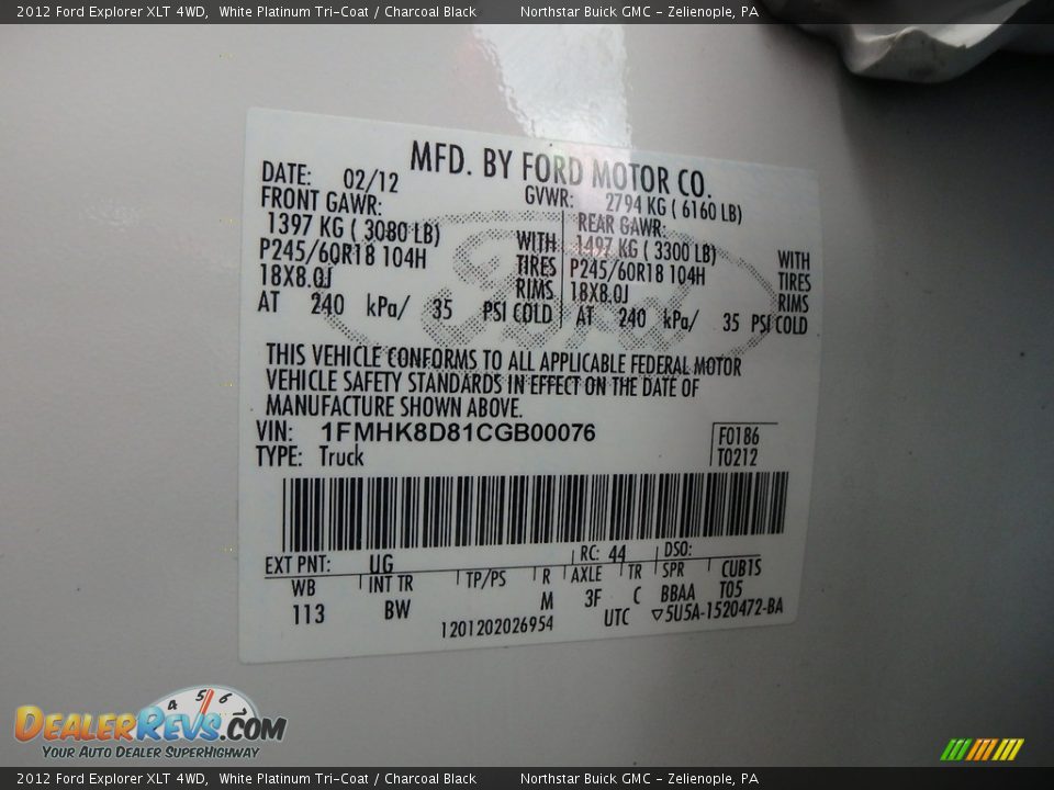 2012 Ford Explorer XLT 4WD White Platinum Tri-Coat / Charcoal Black Photo #23