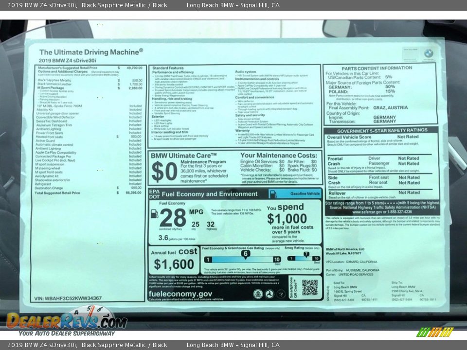 2019 BMW Z4 sDrive30i Window Sticker Photo #11