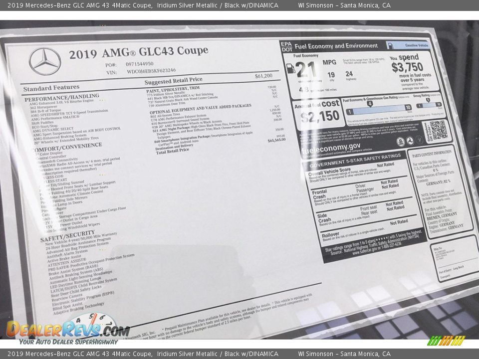 2019 Mercedes-Benz GLC AMG 43 4Matic Coupe Window Sticker Photo #10