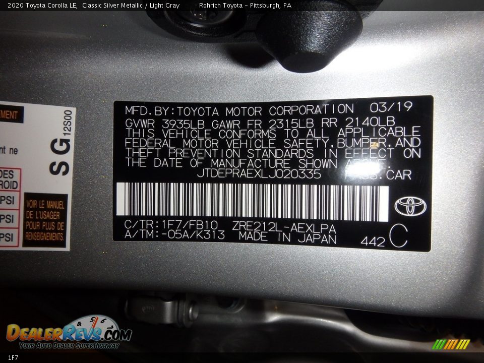 Toyota Color Code 1F7 Classic Silver Metallic