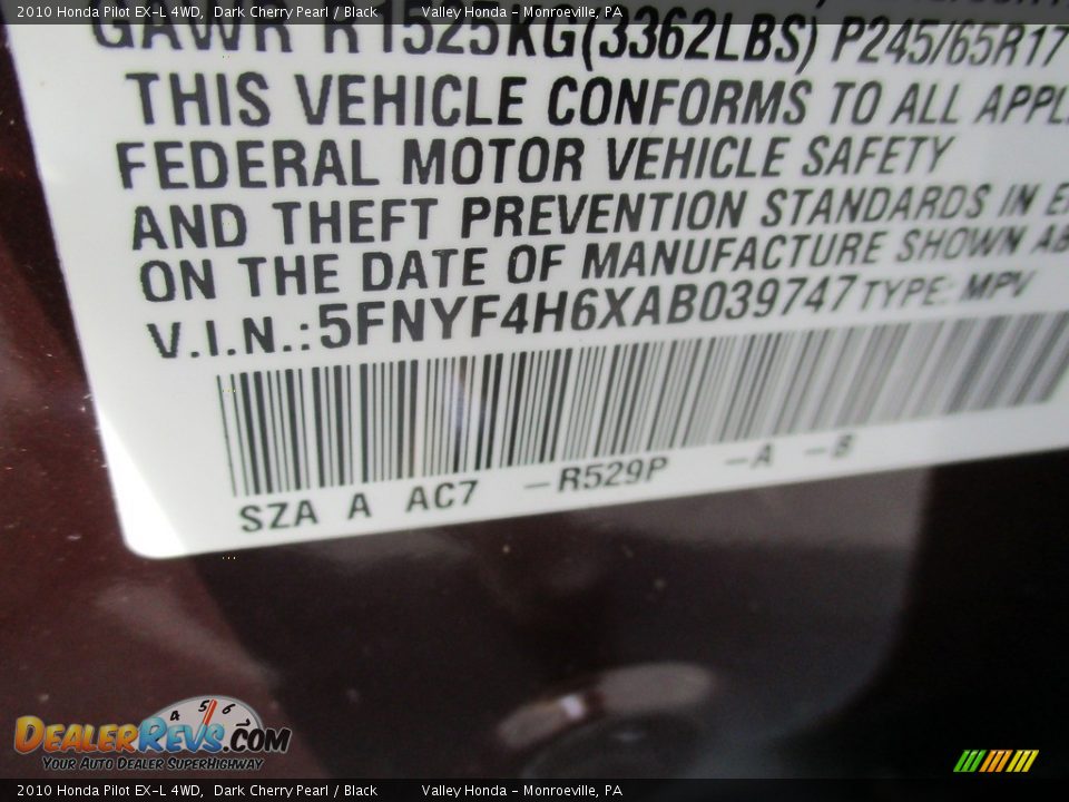 2010 Honda Pilot EX-L 4WD Dark Cherry Pearl / Black Photo #19