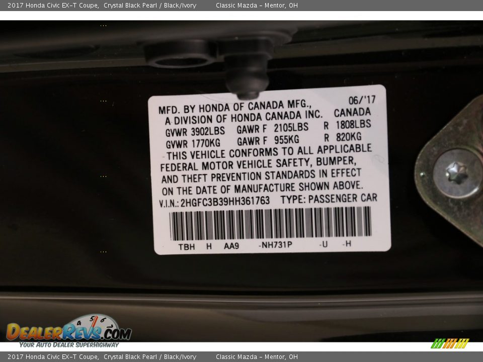 2017 Honda Civic EX-T Coupe Crystal Black Pearl / Black/Ivory Photo #22