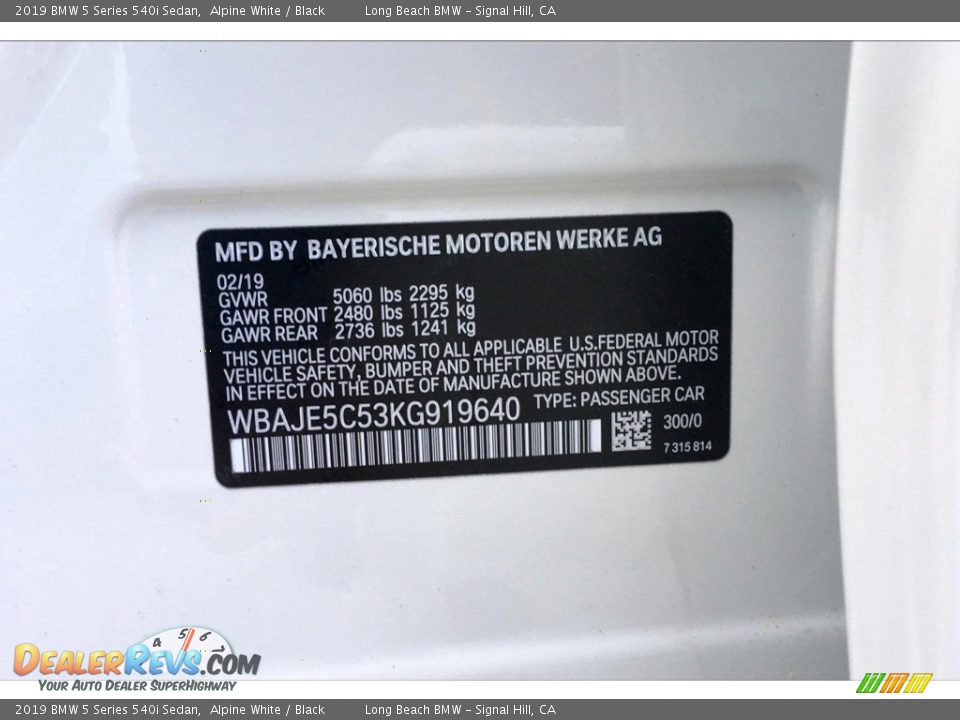 2019 BMW 5 Series 540i Sedan Alpine White / Black Photo #8