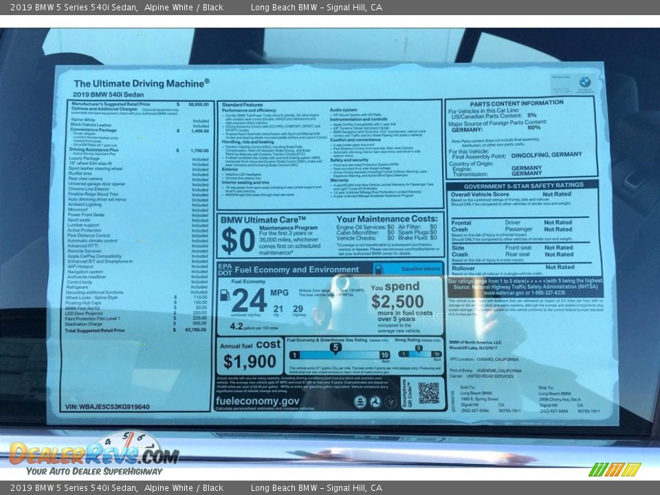 2019 BMW 5 Series 540i Sedan Alpine White / Black Photo #11