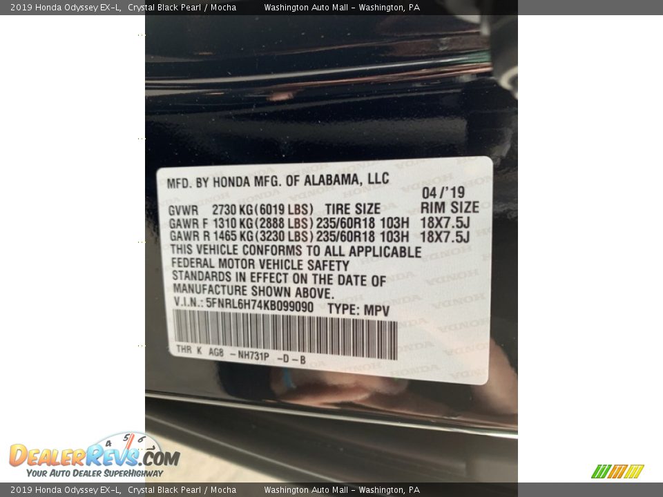 2019 Honda Odyssey EX-L Crystal Black Pearl / Mocha Photo #14