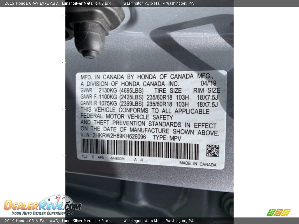 2019 Honda CR-V EX-L AWD Lunar Silver Metallic / Black Photo #14