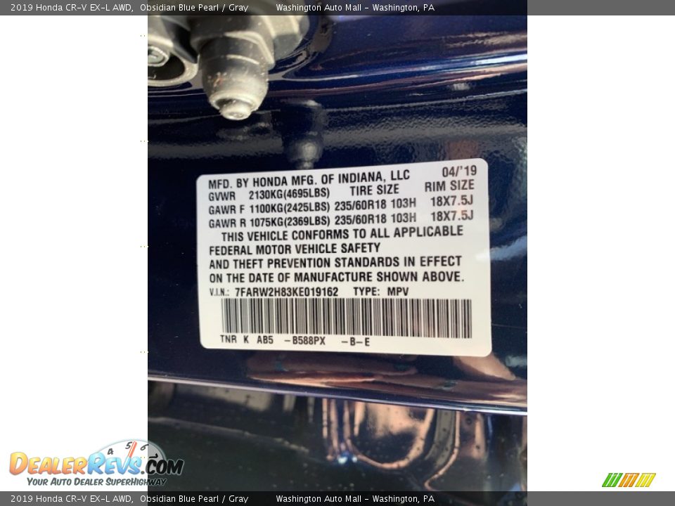 2019 Honda CR-V EX-L AWD Obsidian Blue Pearl / Gray Photo #14