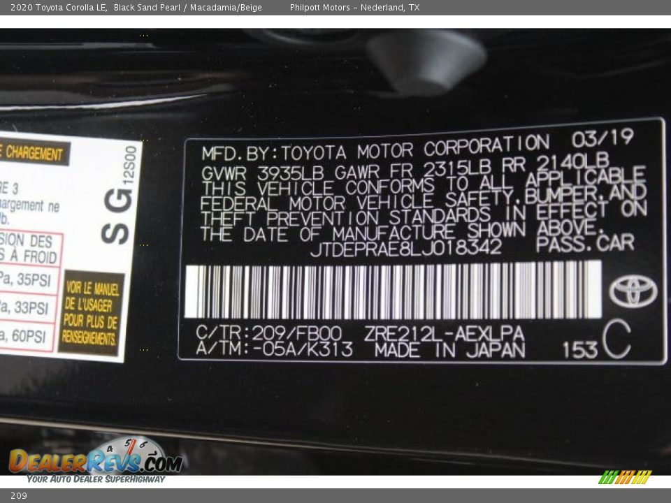 Toyota Color Code 209 Black Sand Pearl