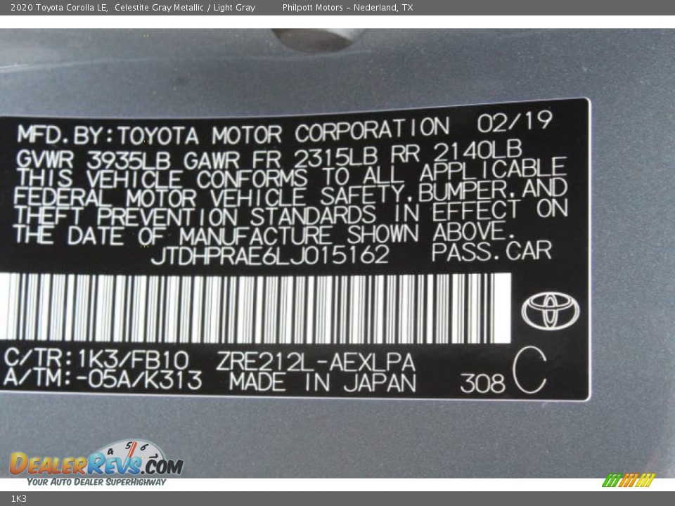 Toyota Color Code 1K3 Celestite Gray Metallic