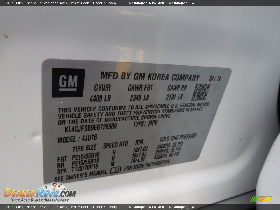 2014 Buick Encore Convenience AWD White Pearl Tricoat / Ebony Photo #26
