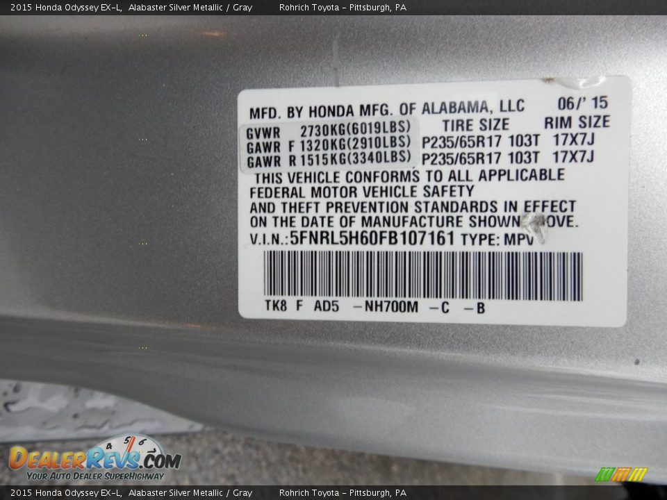 2015 Honda Odyssey EX-L Alabaster Silver Metallic / Gray Photo #27