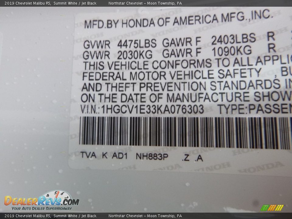 2019 Chevrolet Malibu RS Summit White / Jet Black Photo #13