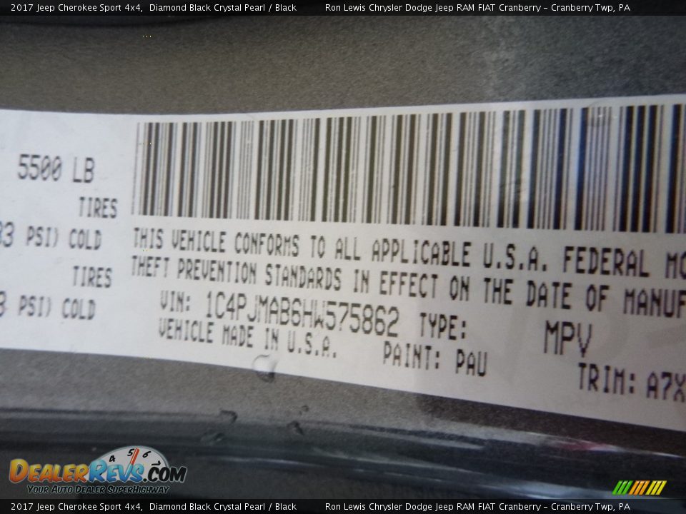 2017 Jeep Cherokee Sport 4x4 Diamond Black Crystal Pearl / Black Photo #15