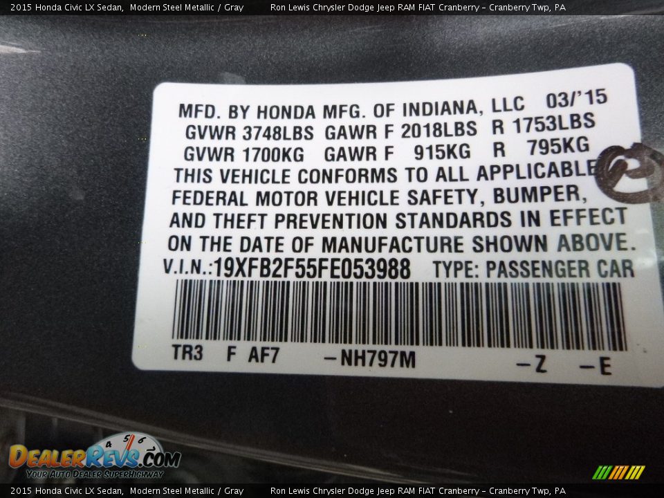 2015 Honda Civic LX Sedan Modern Steel Metallic / Gray Photo #15