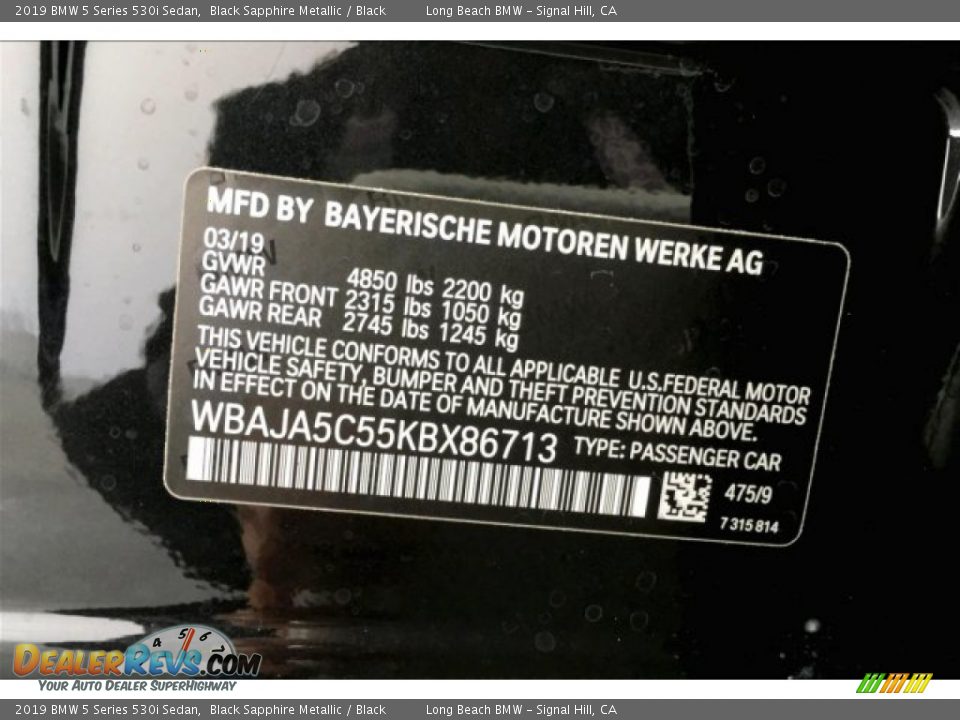2019 BMW 5 Series 530i Sedan Black Sapphire Metallic / Black Photo #8