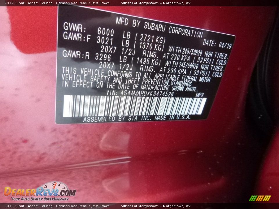 2019 Subaru Ascent Touring Crimson Red Pearl / Java Brown Photo #16