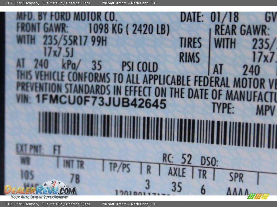 2018 Ford Escape S Blue Metallic / Charcoal Black Photo #29