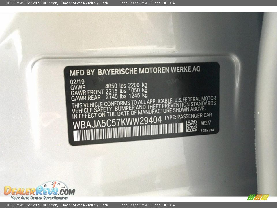 2019 BMW 5 Series 530i Sedan Glacier Silver Metallic / Black Photo #12
