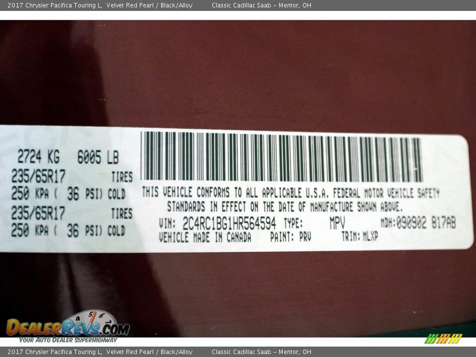 2017 Chrysler Pacifica Touring L Velvet Red Pearl / Black/Alloy Photo #27