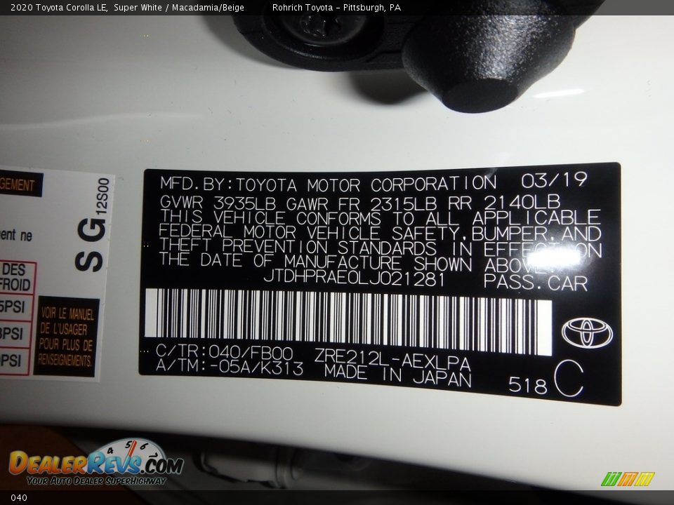 Toyota Color Code 040 Super White