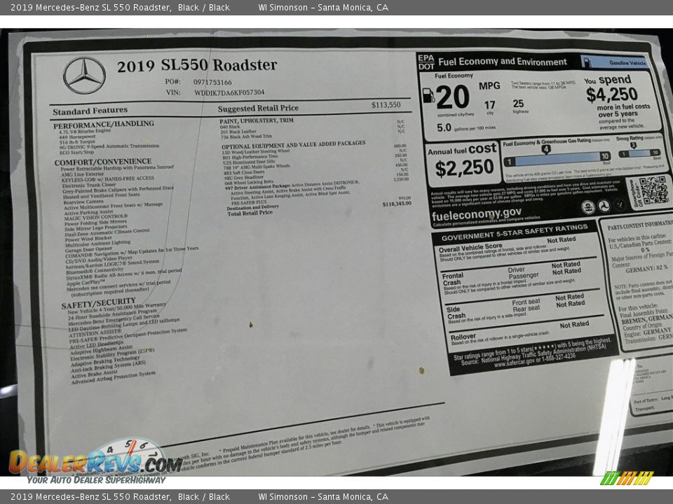 2019 Mercedes-Benz SL 550 Roadster Window Sticker Photo #11