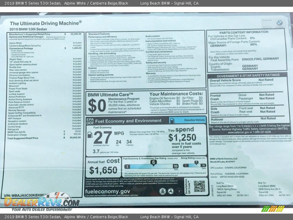 2019 BMW 5 Series 530i Sedan Alpine White / Canberra Beige/Black Photo #11