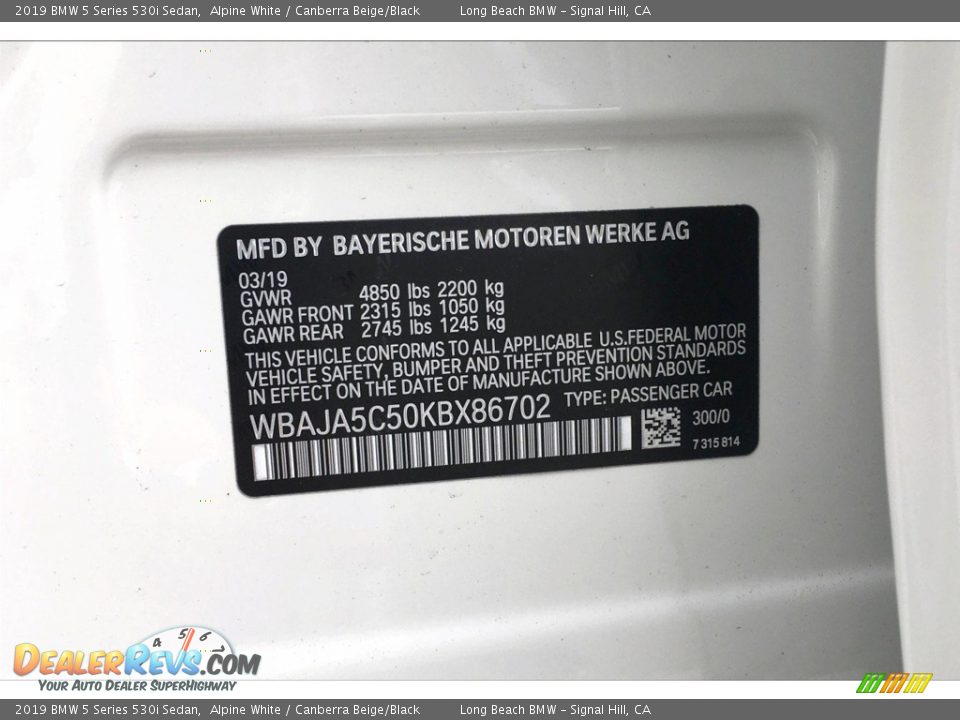 2019 BMW 5 Series 530i Sedan Alpine White / Canberra Beige/Black Photo #12