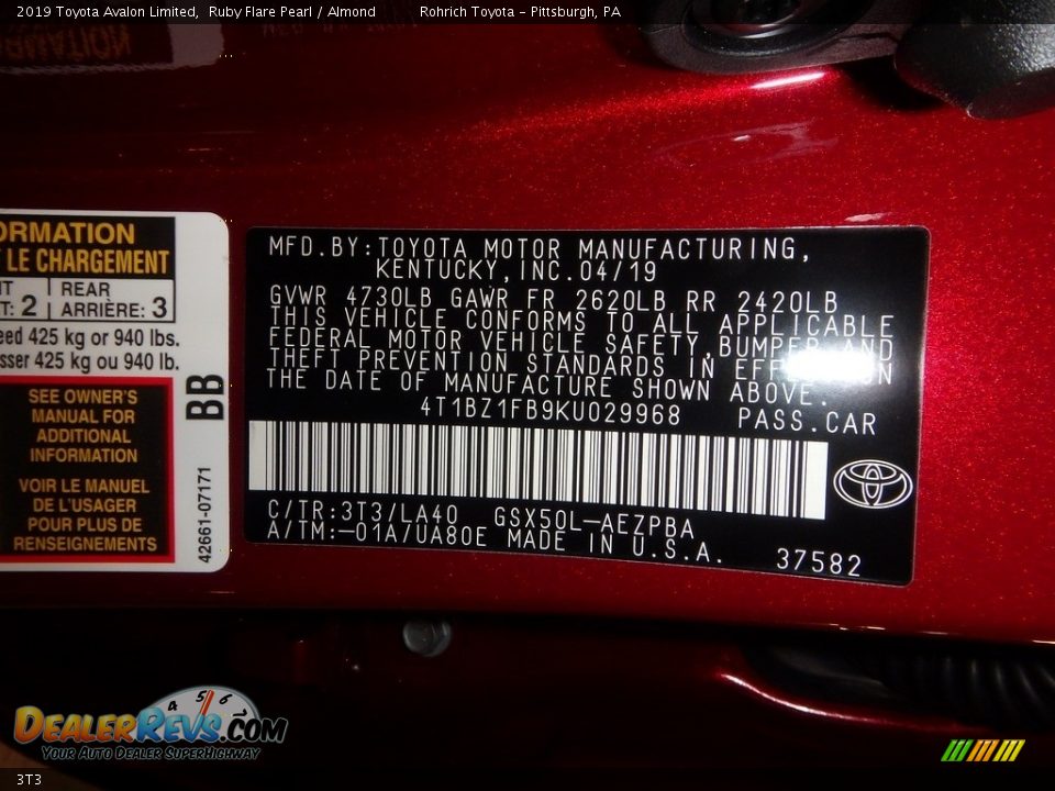 Toyota Color Code 3T3 Ruby Flare Pearl