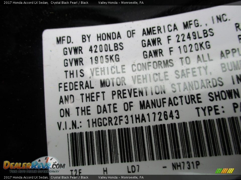 2017 Honda Accord LX Sedan Crystal Black Pearl / Black Photo #19