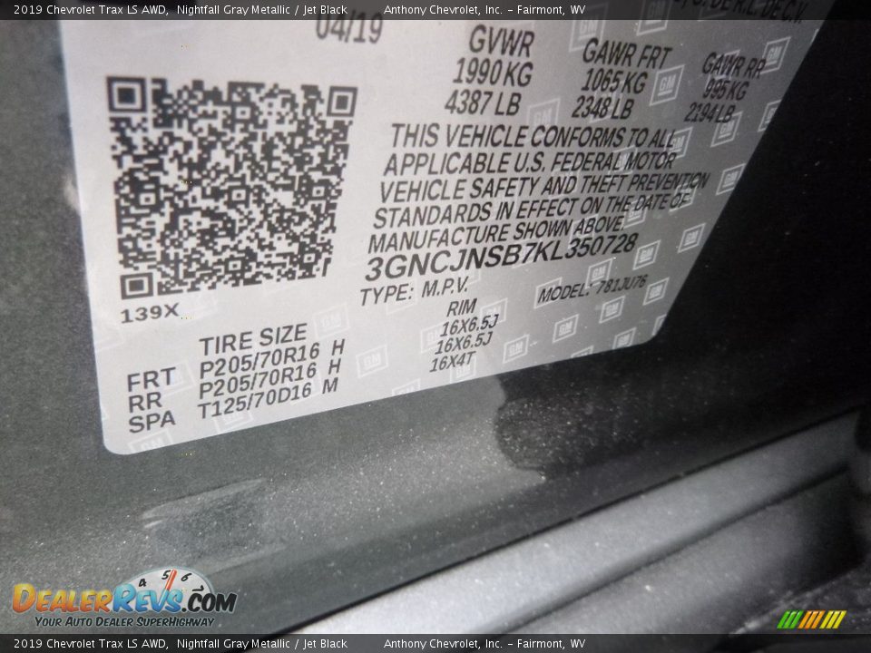 2019 Chevrolet Trax LS AWD Nightfall Gray Metallic / Jet Black Photo #16