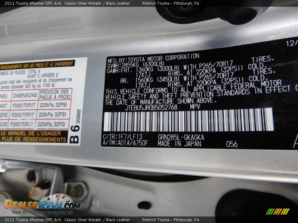 2011 Toyota 4Runner SR5 4x4 Classic Silver Metallic / Black Leather Photo #27