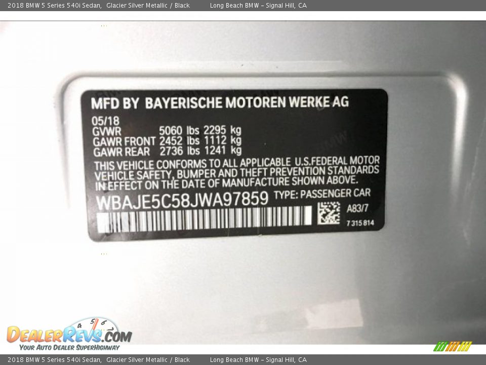 2018 BMW 5 Series 540i Sedan Glacier Silver Metallic / Black Photo #19