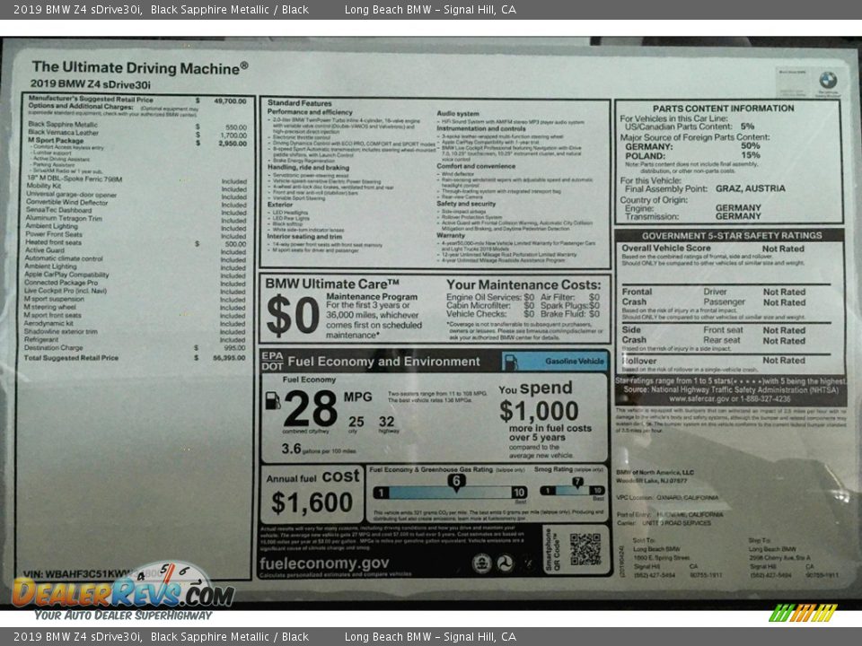 2019 BMW Z4 sDrive30i Window Sticker Photo #10