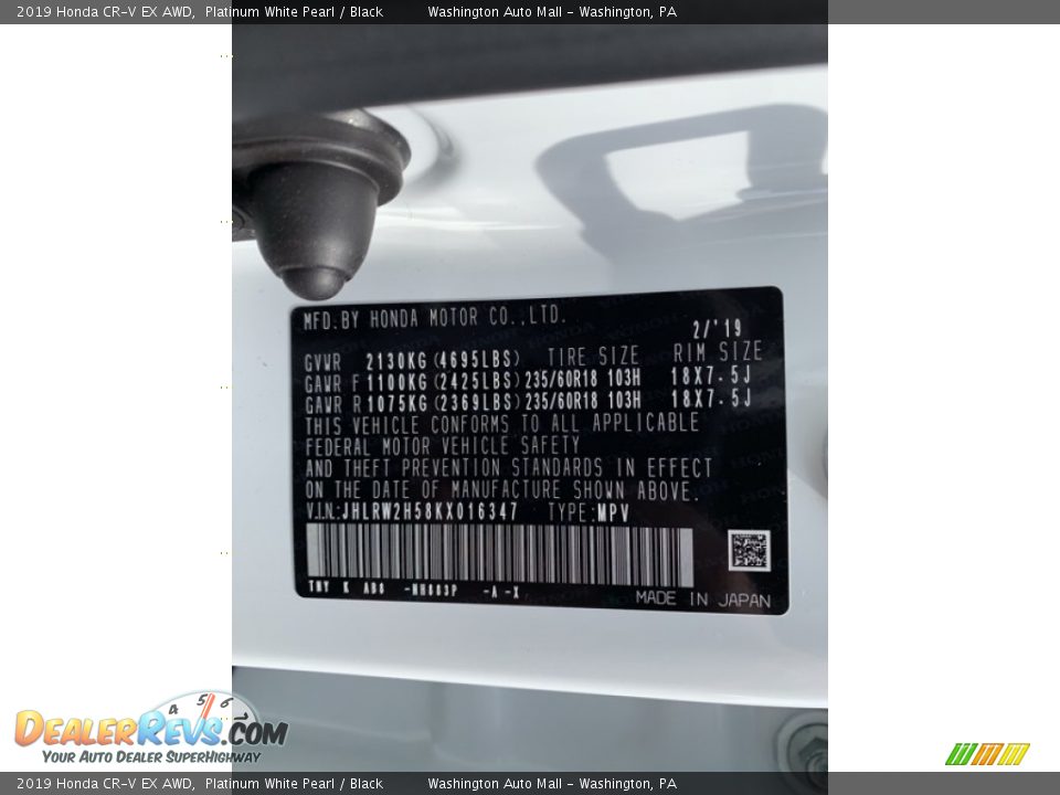 2019 Honda CR-V EX AWD Platinum White Pearl / Black Photo #14