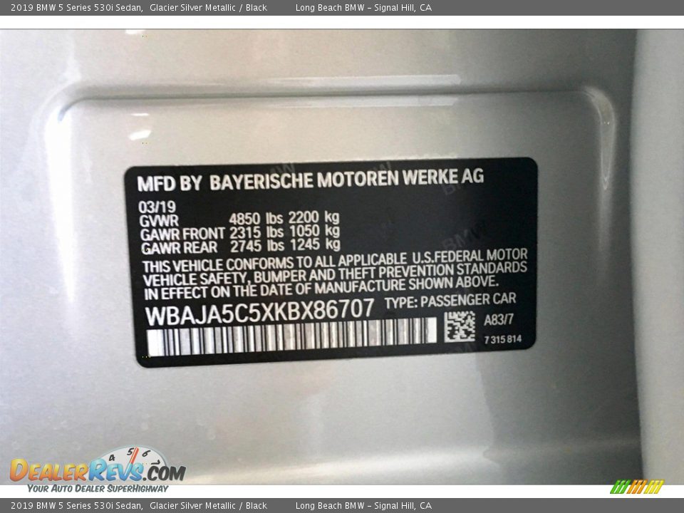 2019 BMW 5 Series 530i Sedan Glacier Silver Metallic / Black Photo #12