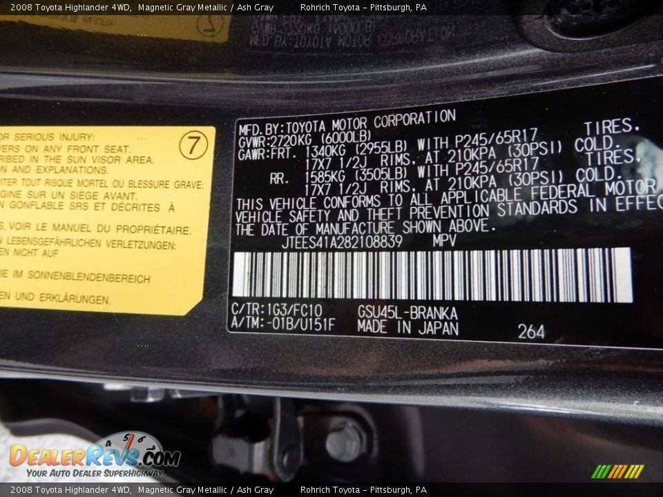 2008 Toyota Highlander 4WD Magnetic Gray Metallic / Ash Gray Photo #27