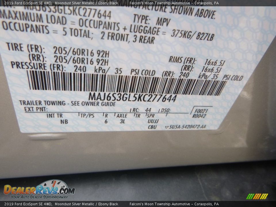 2019 Ford EcoSport SE 4WD Moondust Silver Metallic / Ebony Black Photo #12