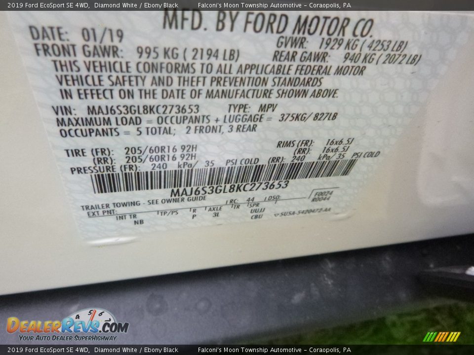 2019 Ford EcoSport SE 4WD Diamond White / Ebony Black Photo #12