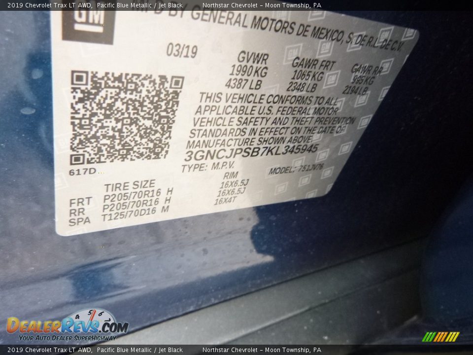 2019 Chevrolet Trax LT AWD Pacific Blue Metallic / Jet Black Photo #16