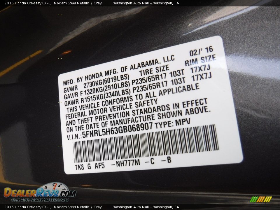 2016 Honda Odyssey EX-L Modern Steel Metallic / Gray Photo #29