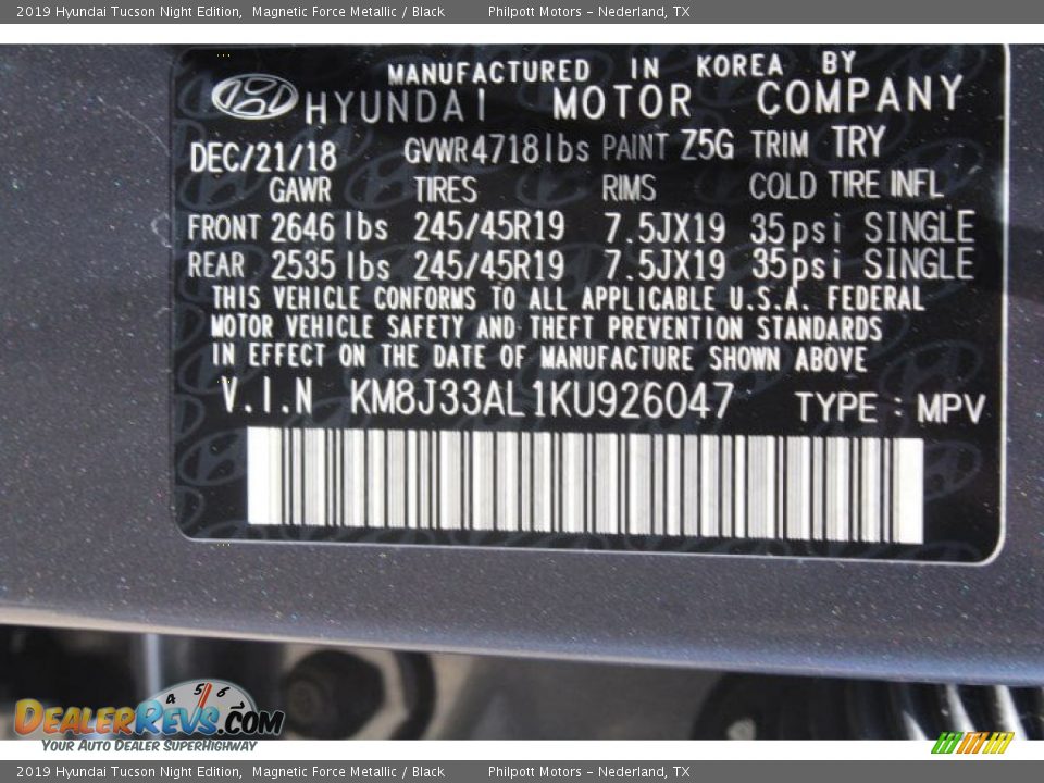 2019 Hyundai Tucson Night Edition Magnetic Force Metallic / Black Photo #23