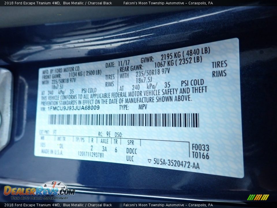 2018 Ford Escape Titanium 4WD Blue Metallic / Charcoal Black Photo #23