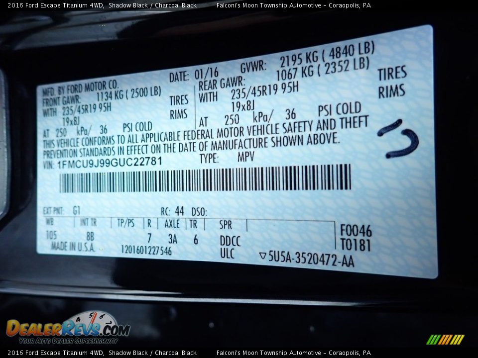 2016 Ford Escape Titanium 4WD Shadow Black / Charcoal Black Photo #23