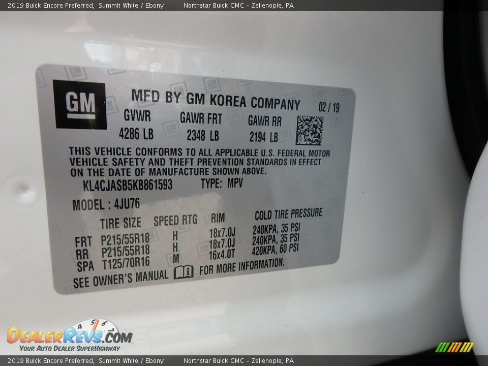 2019 Buick Encore Preferred Summit White / Ebony Photo #16