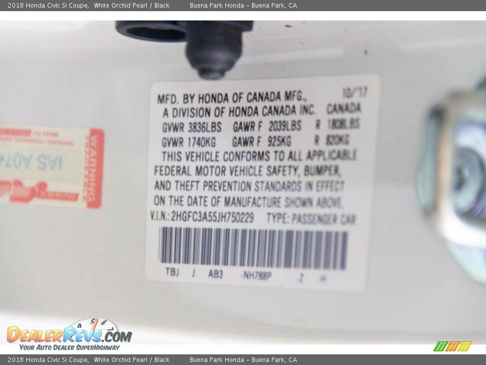 2018 Honda Civic Si Coupe White Orchid Pearl / Black Photo #36