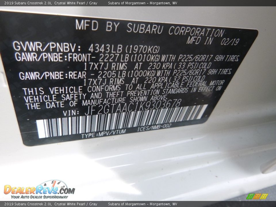 2019 Subaru Crosstrek 2.0i Crystal White Pearl / Gray Photo #15