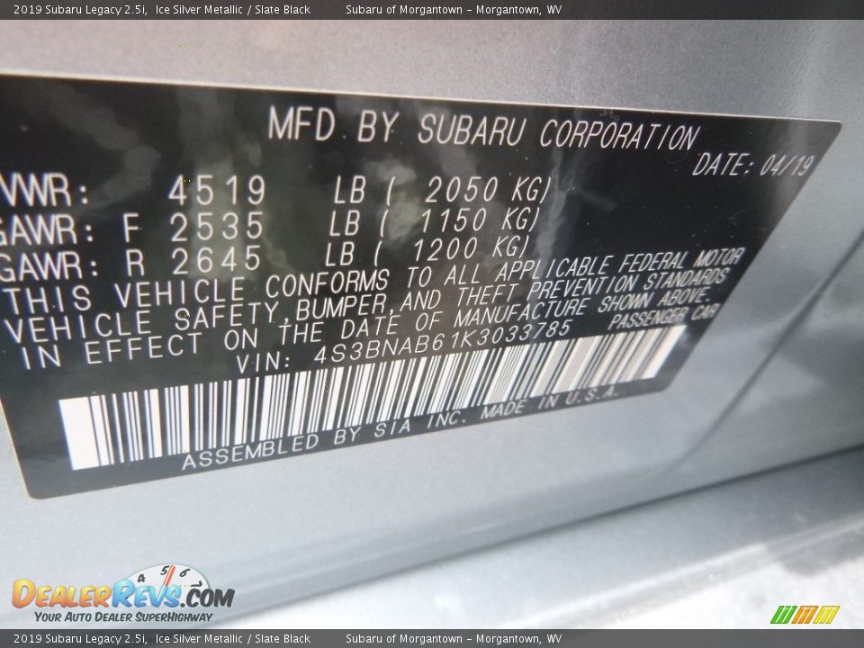 2019 Subaru Legacy 2.5i Ice Silver Metallic / Slate Black Photo #15