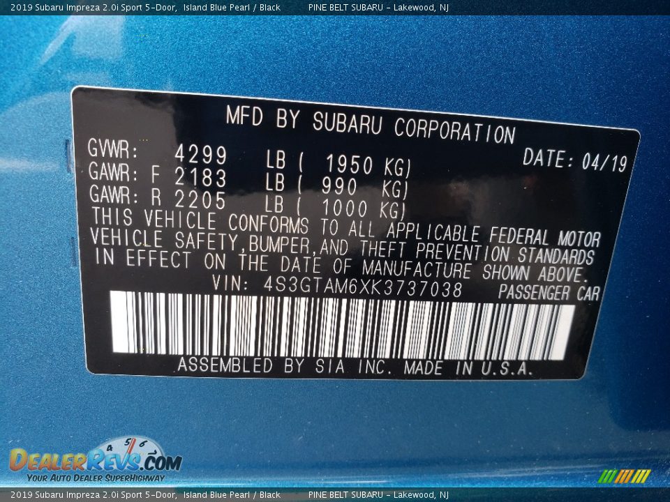 2019 Subaru Impreza 2.0i Sport 5-Door Island Blue Pearl / Black Photo #10